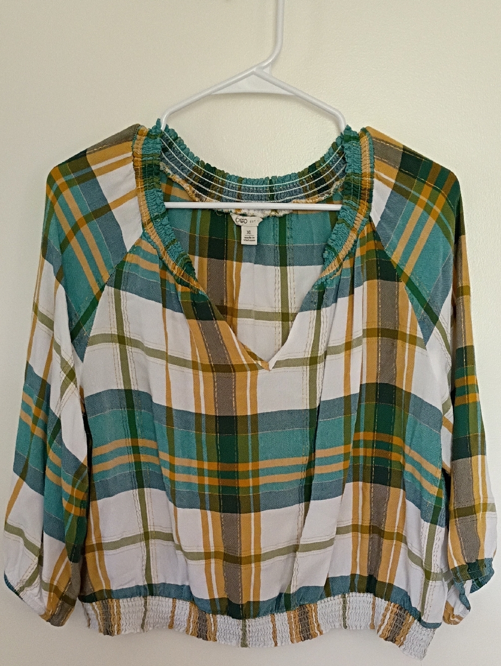 Cato Teal, Mustard & White Plaid Smocked-Neck Blouse